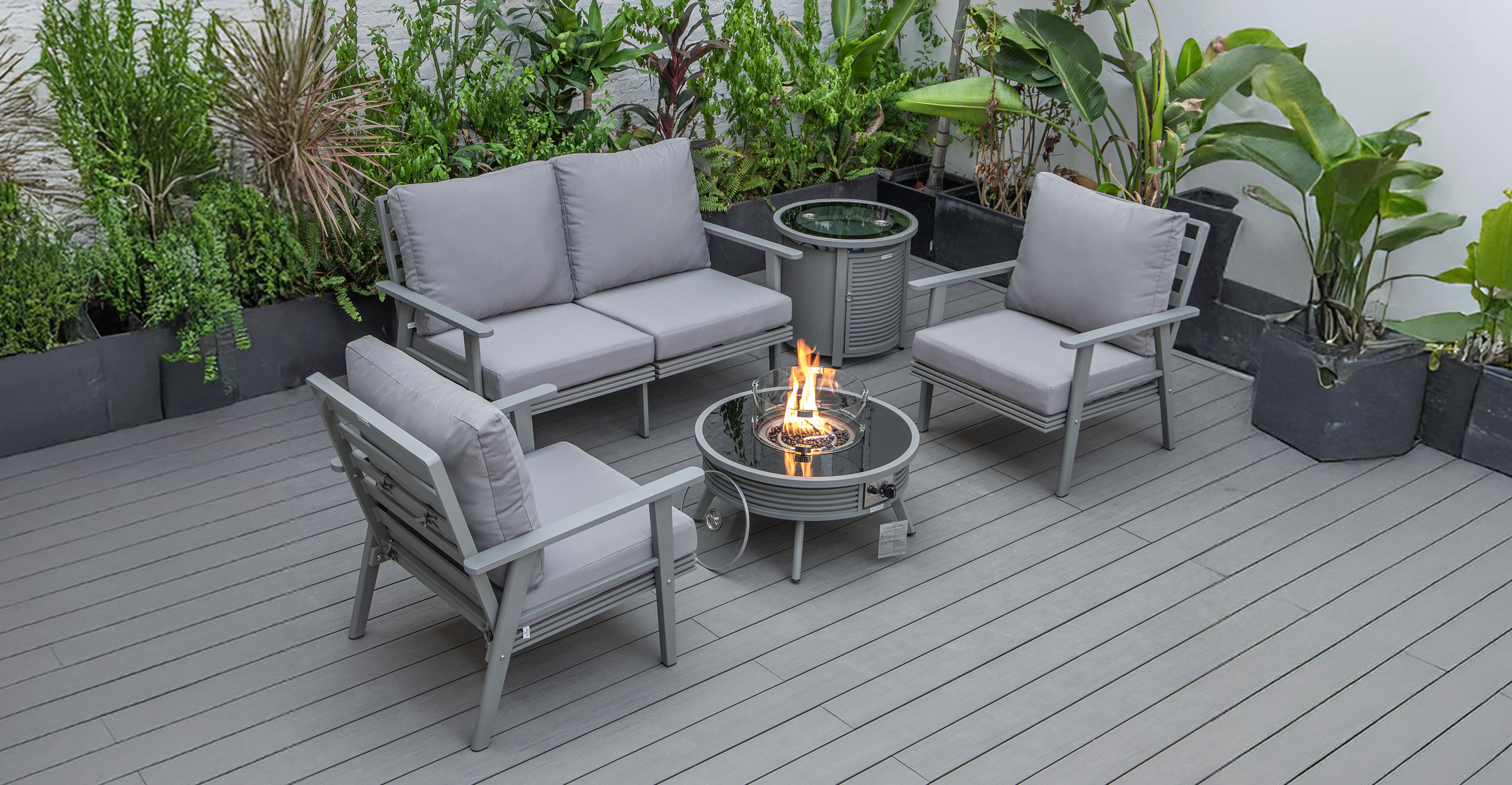 Walbrooke Aluminum Patio Conversation With Slats Design Fire Pit Table & Tank Holder Light Grey / Grey / Square