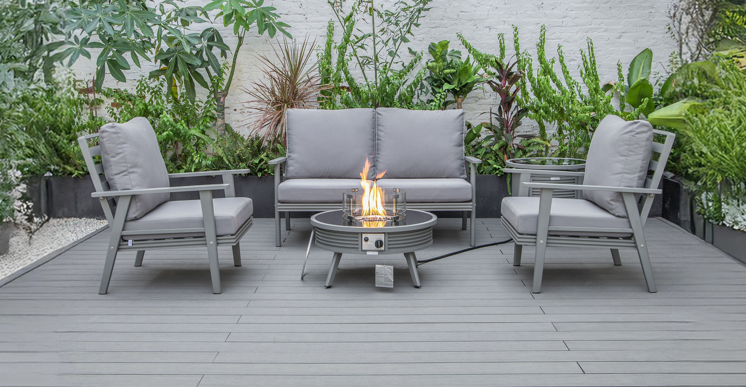 Walbrooke Aluminum Patio Conversation With Slats Design Fire Pit Table & Tank Holder Light Grey / Grey / Square