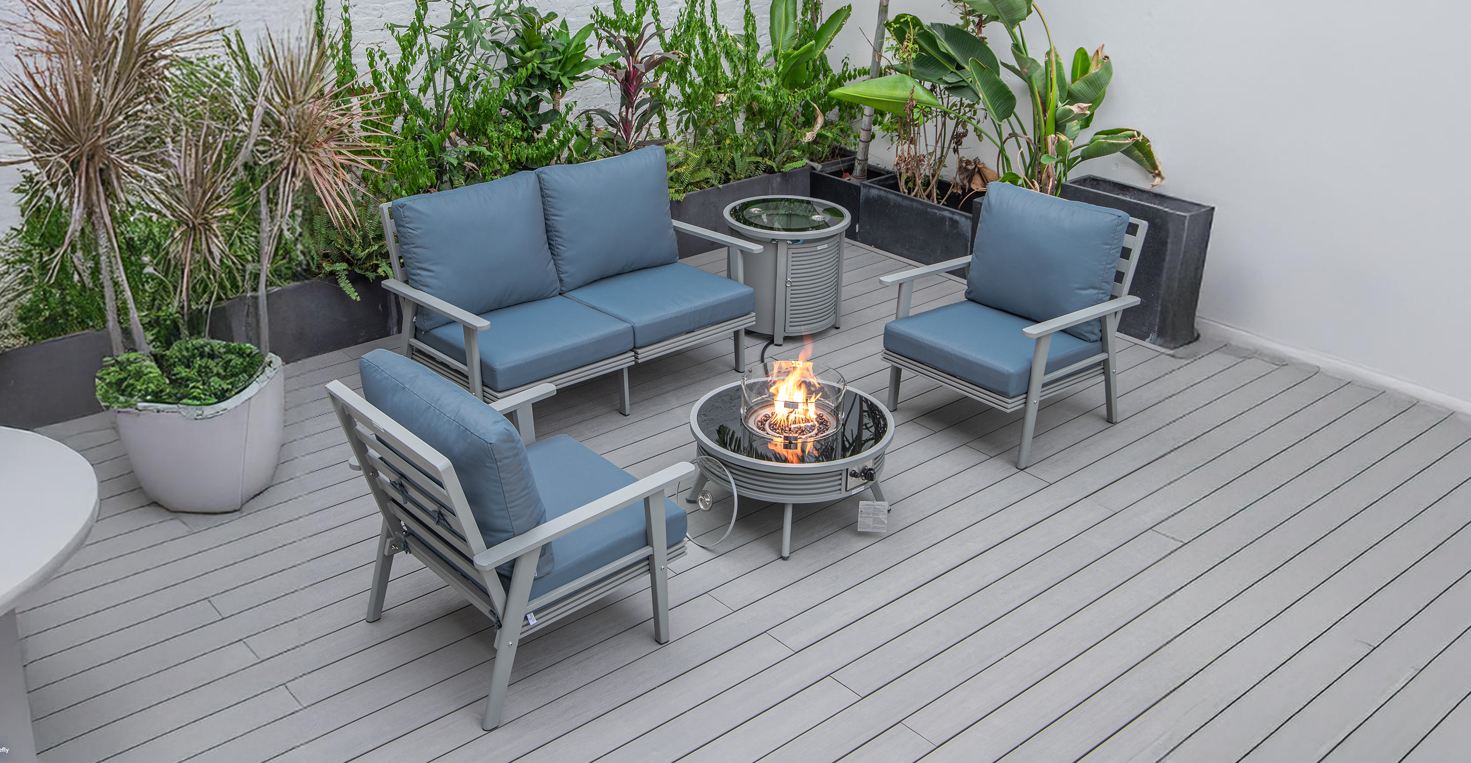 Walbrooke Aluminum Patio Conversation With Slats Design Fire Pit Table & Tank Holder Navy Blue / Grey / Square