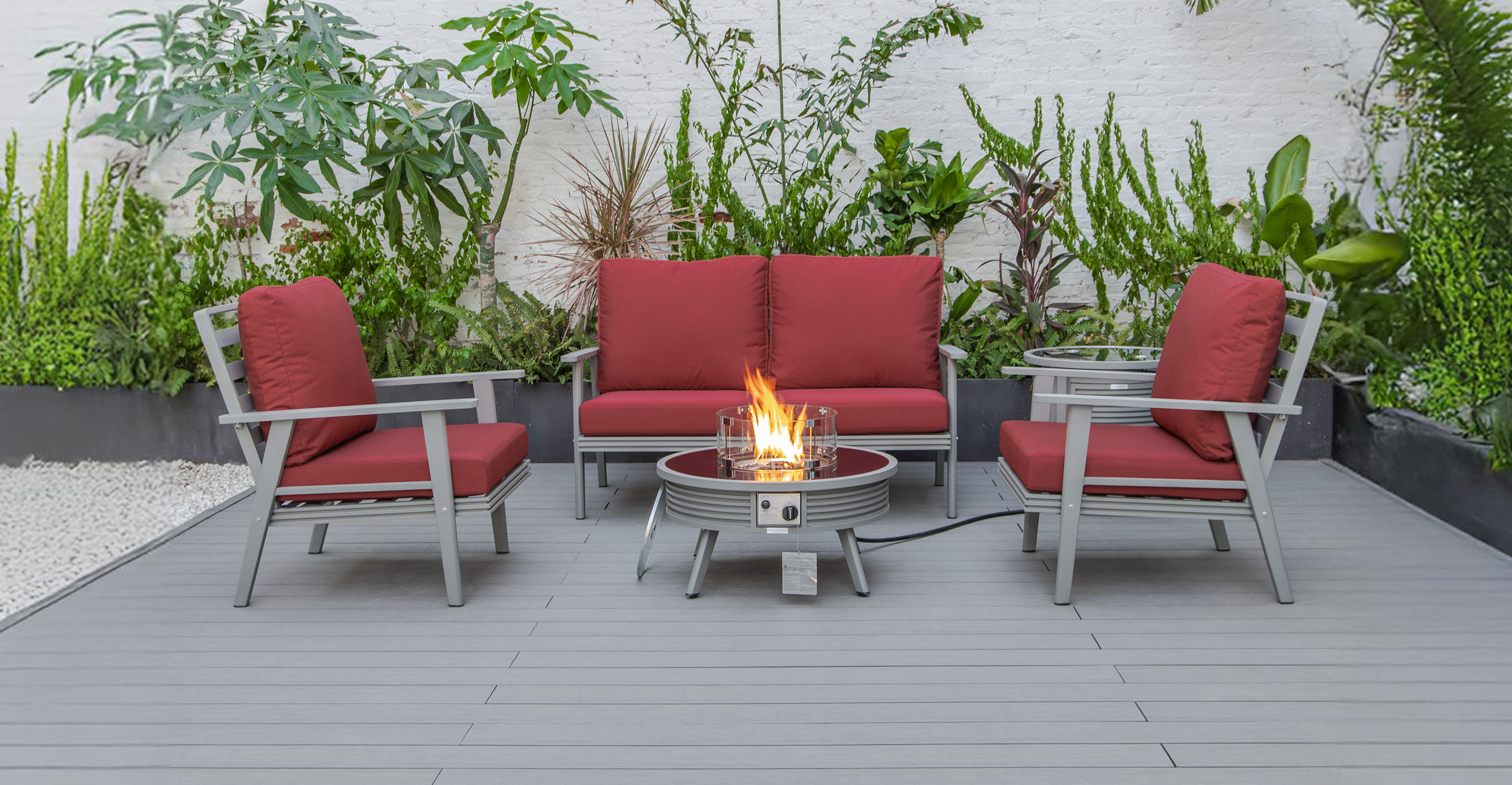 Walbrooke Aluminum Patio Conversation With Slats Design Fire Pit Table & Tank Holder Red / Grey / Square