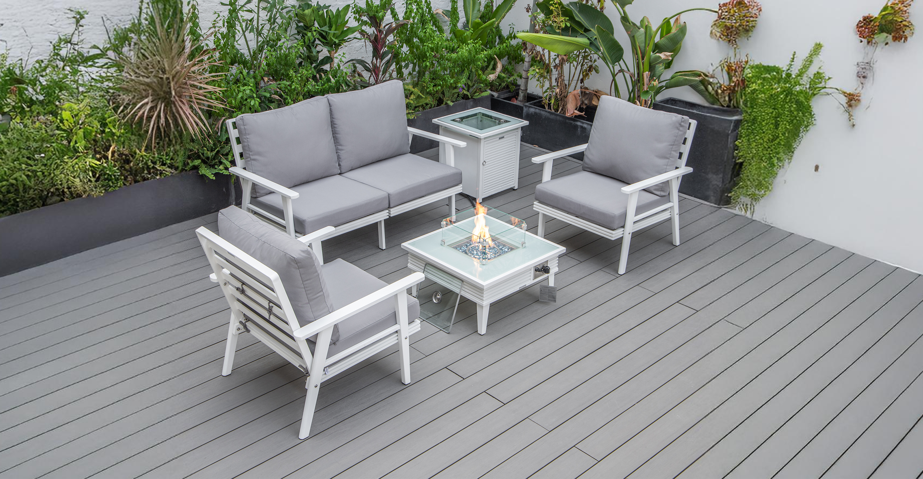 Walbrooke Aluminum Patio Conversation With Slats Design Fire Pit Table & Tank Holder Grey / White / Square