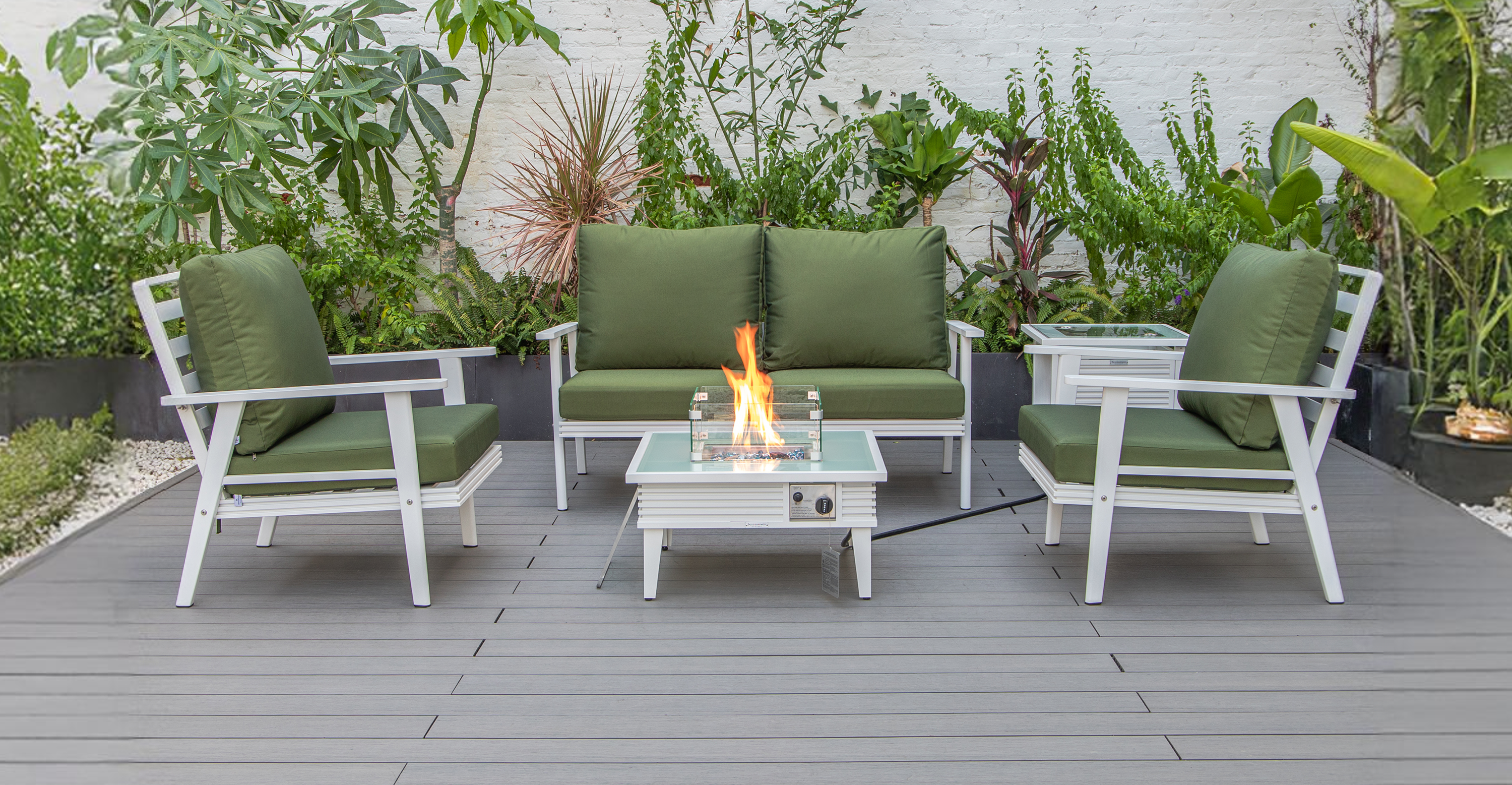 Walbrooke Aluminum Patio Conversation With Slats Design Fire Pit Table & Tank Holder Green / White / Square