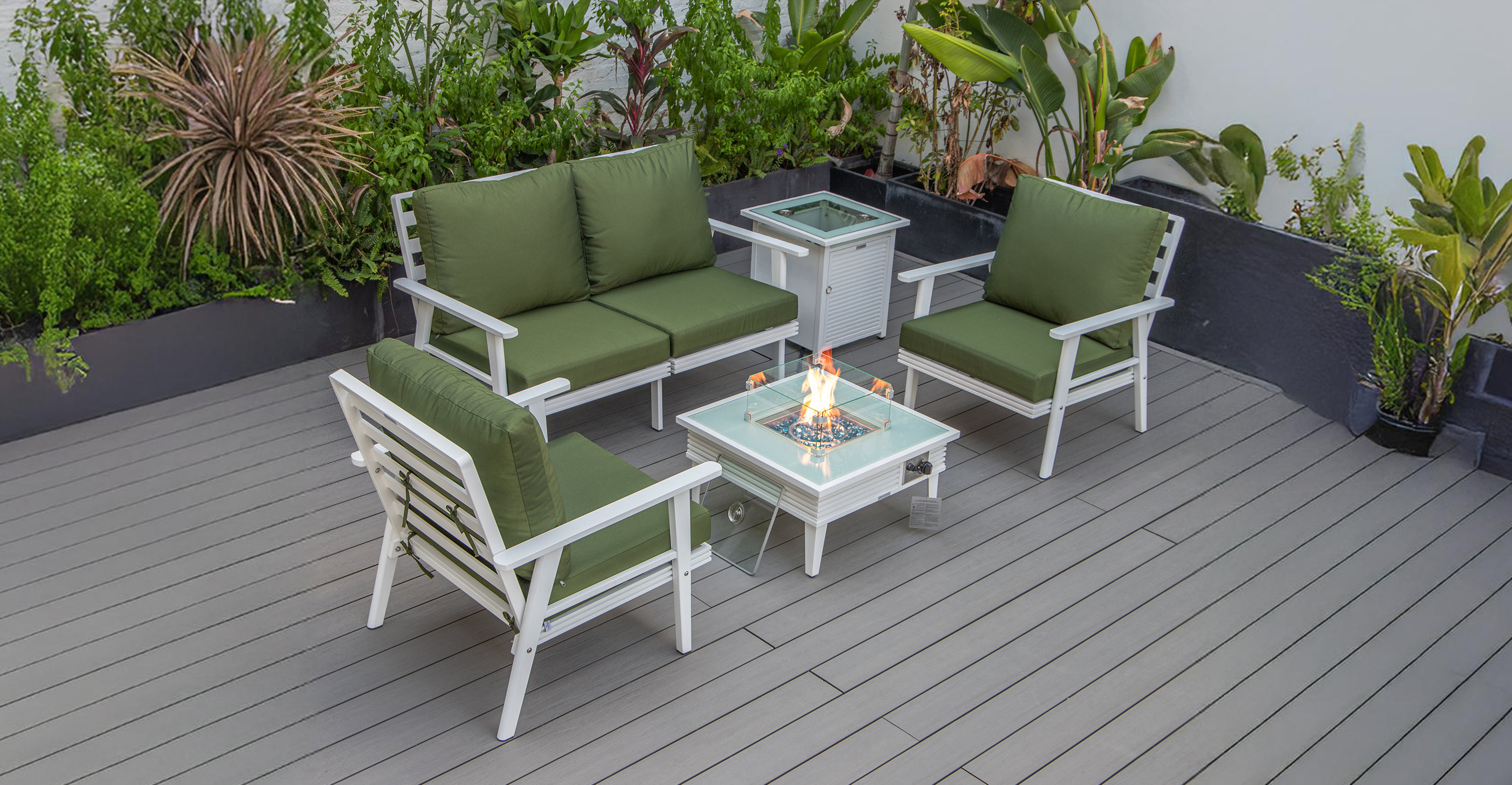 Walbrooke Aluminum Patio Conversation With Slats Design Fire Pit Table & Tank Holder Green / White / Square