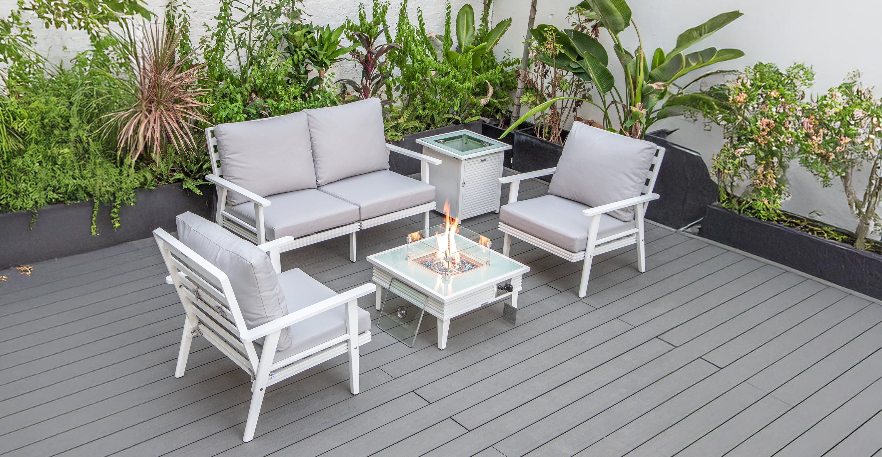 Walbrooke Aluminum Patio Conversation With Slats Design Fire Pit Table & Tank Holder Light Grey / White / Square