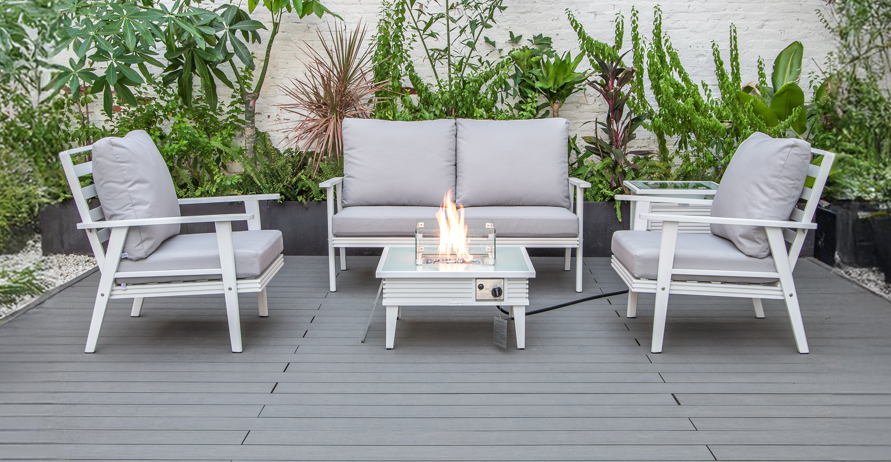 Walbrooke Aluminum Patio Conversation With Slats Design Fire Pit Table & Tank Holder Light Grey / White / Square