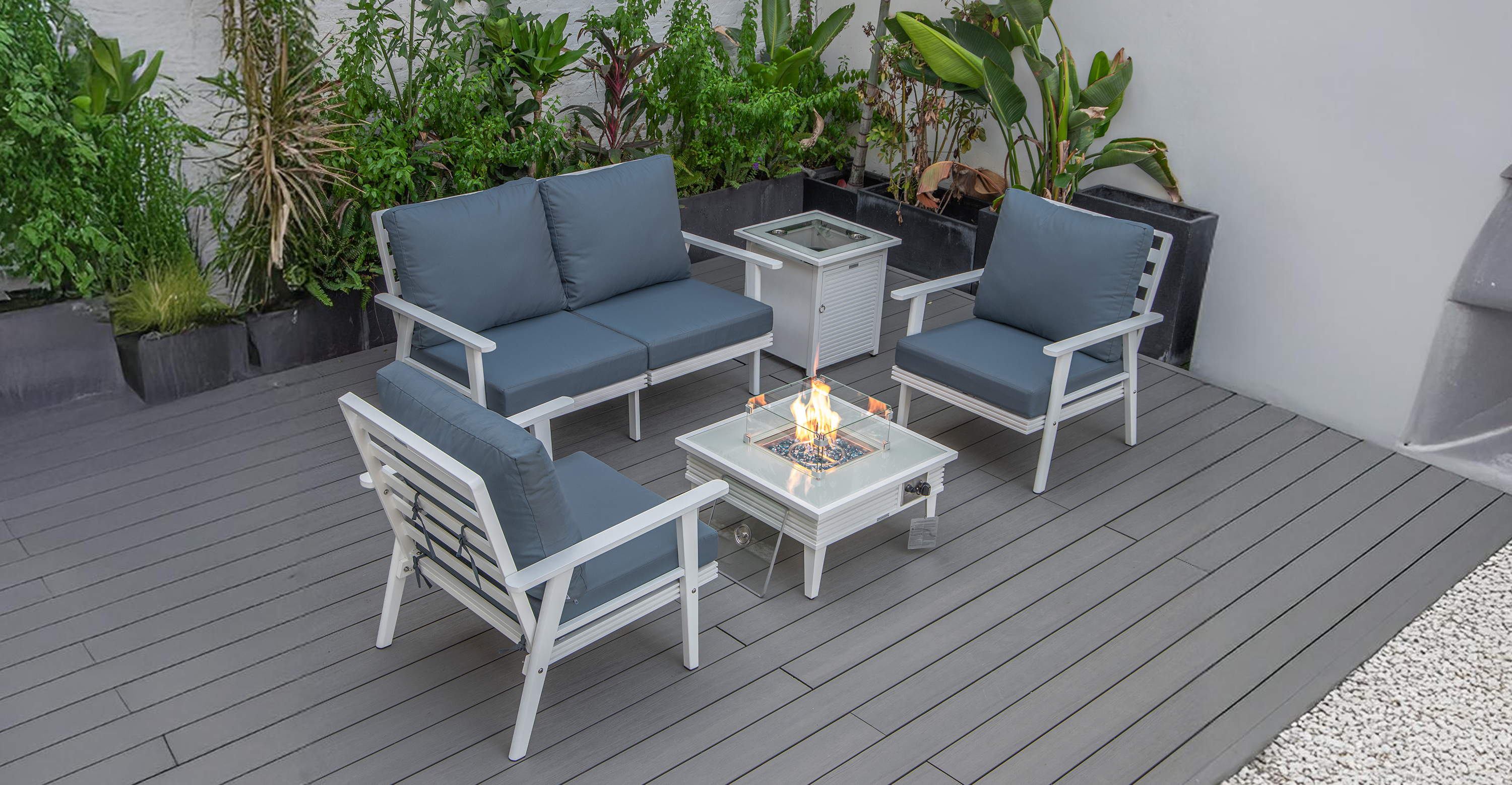 Walbrooke Aluminum Patio Conversation With Slats Design Fire Pit Table & Tank Holder Navy Blue / White / Square