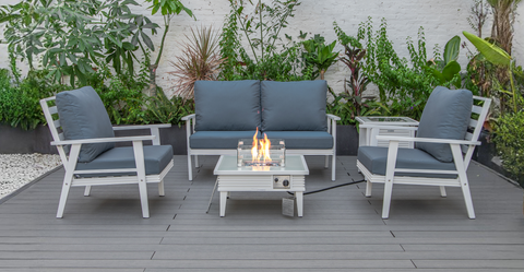 Walbrooke Aluminum Patio Conversation With Slats Design Fire Pit Table & Tank Holder Navy Blue / White / Square