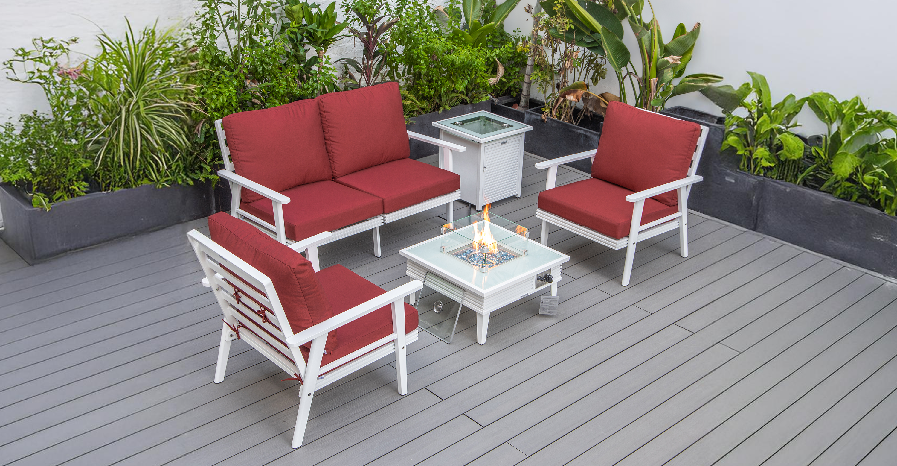 Walbrooke Aluminum Patio Conversation With Slats Design Fire Pit Table & Tank Holder Red / White / Square