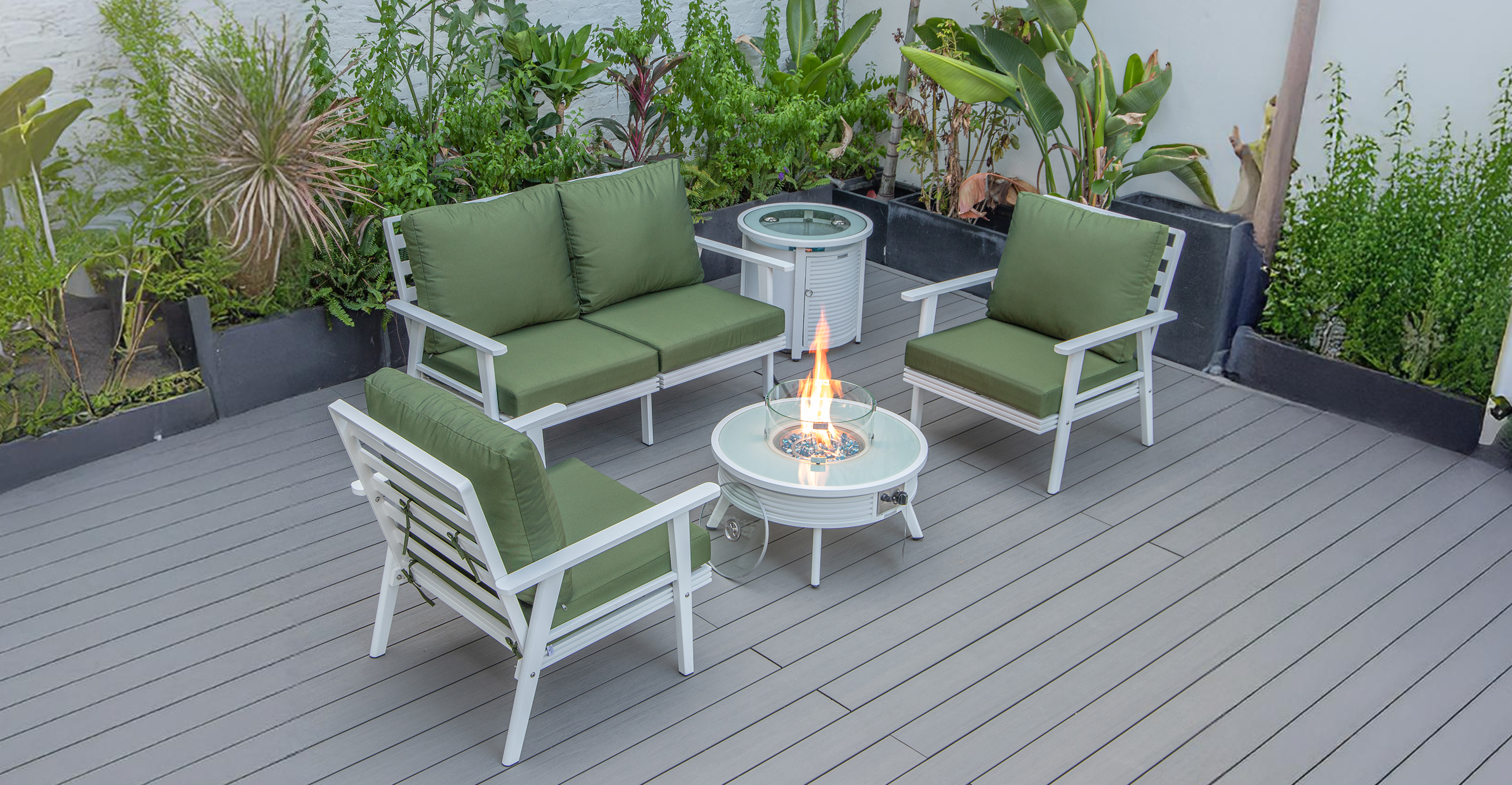 Walbrooke Aluminum Patio Conversation With Slats Design Fire Pit Table & Tank Holder Green / White / Round