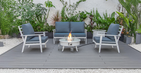 Walbrooke Aluminum Patio Conversation With Slats Design Fire Pit Table & Tank Holder Navy Blue / White / Round