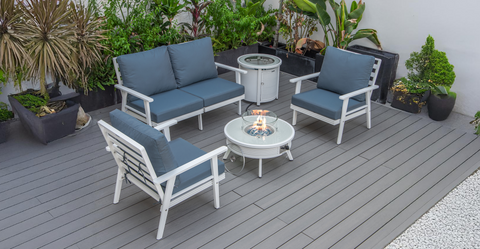 Walbrooke Aluminum Patio Conversation With Slats Design Fire Pit Table & Tank Holder Navy Blue / White / Round