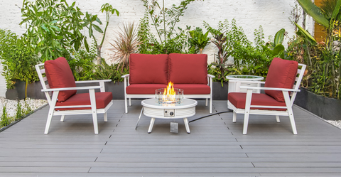 Walbrooke Aluminum Patio Conversation With Slats Design Fire Pit Table & Tank Holder Red / White / Round