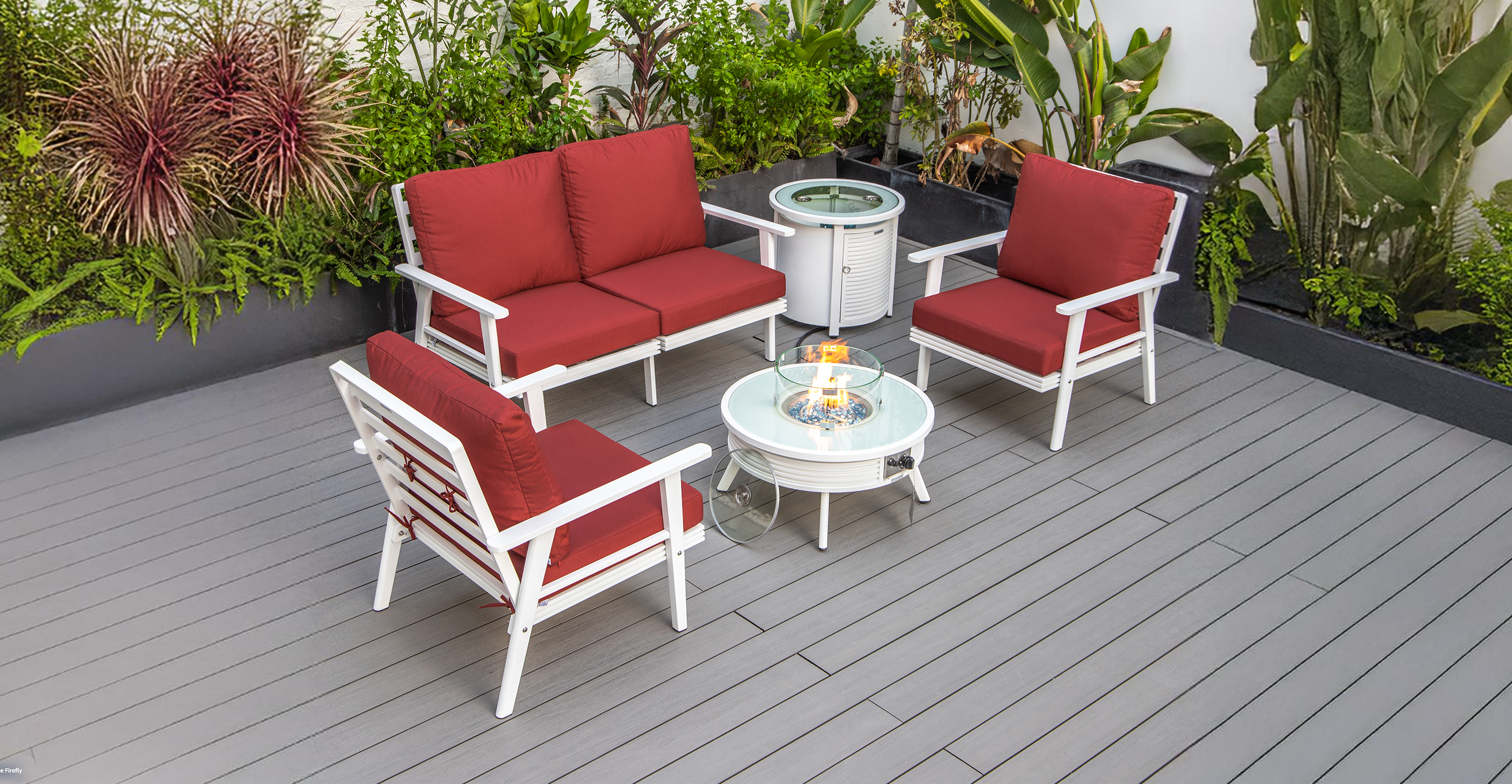 Walbrooke Aluminum Patio Conversation With Slats Design Fire Pit Table & Tank Holder Red / White / Round