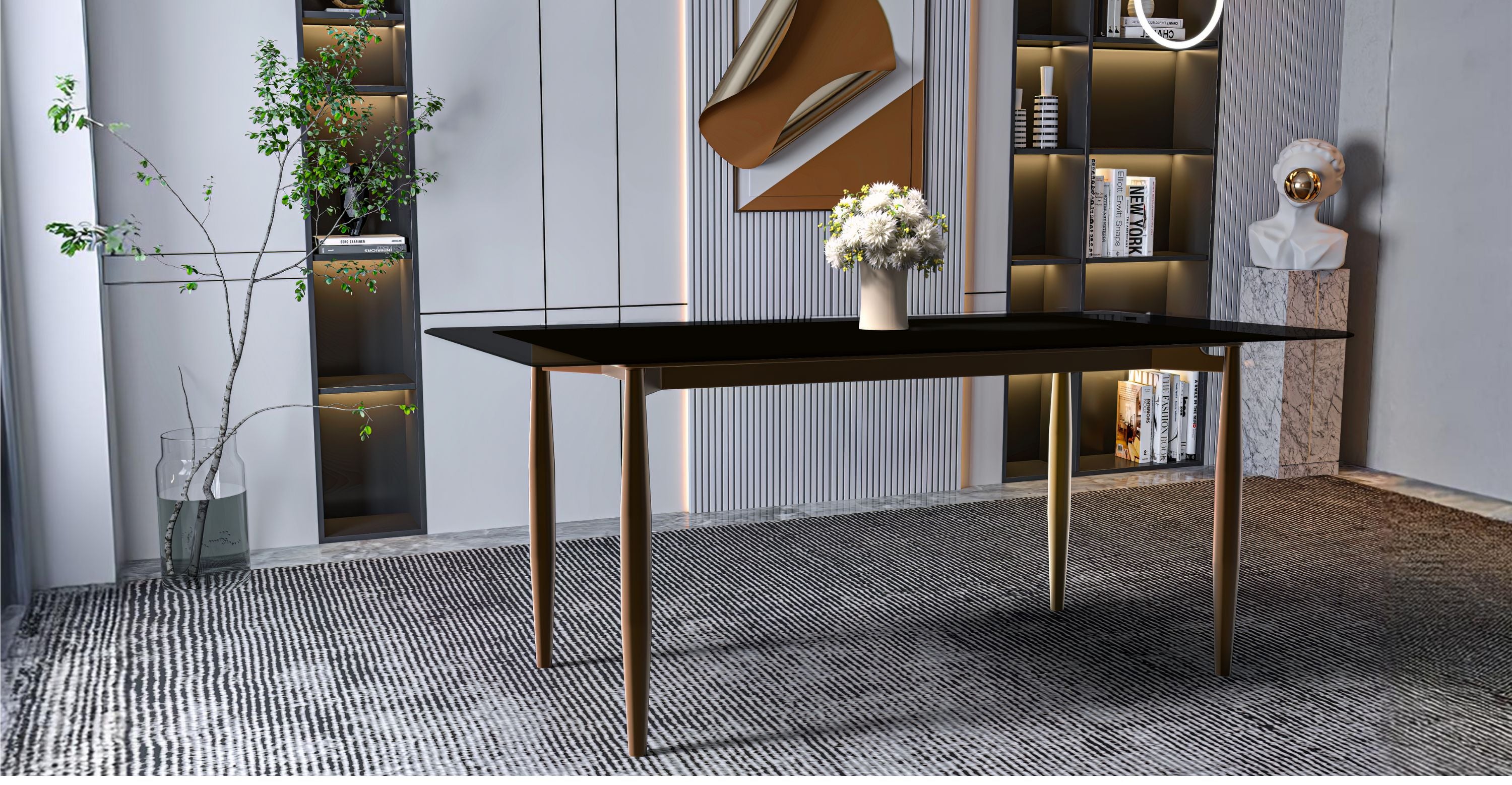 Zinti Dining Table with Glass or Sintered Stone Rectangular Wide Tabletop with Steel Base and Legs Black / 55" Wide