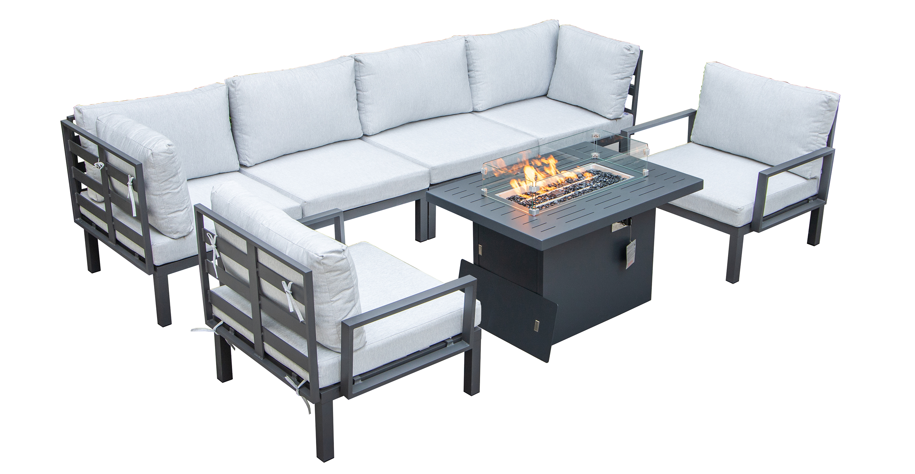 Hamilton 7-Piece Aluminum Patio Conversation Set With Fire Pit Table And Cushions