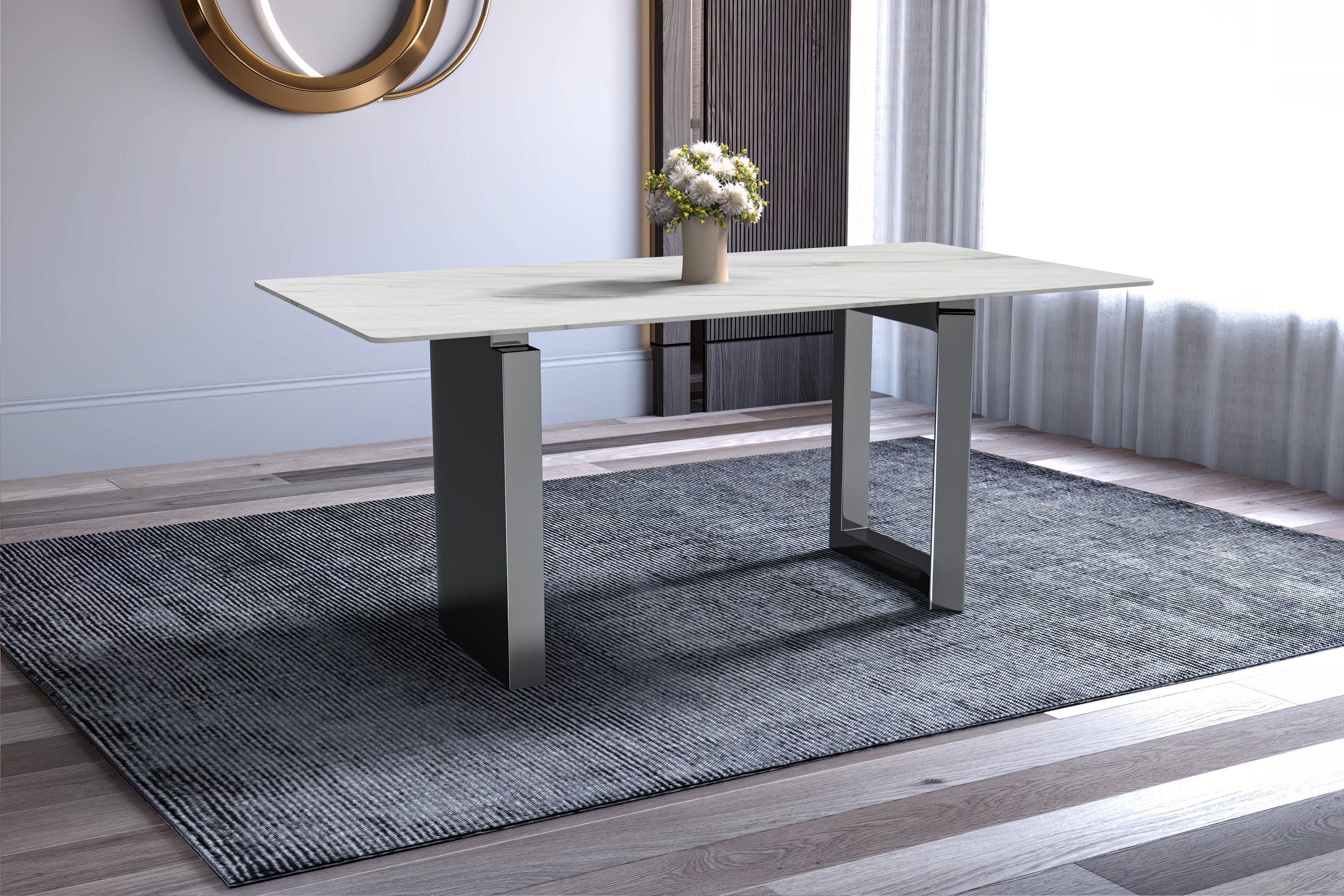 Astra Rectangular Dining Table with Stone/Glass Tabletop and Stainless-Steel Base