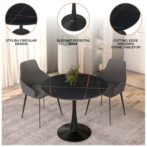 Bristol 31" Round Dining Table with Sintered Stone Tabletop in Black Steel