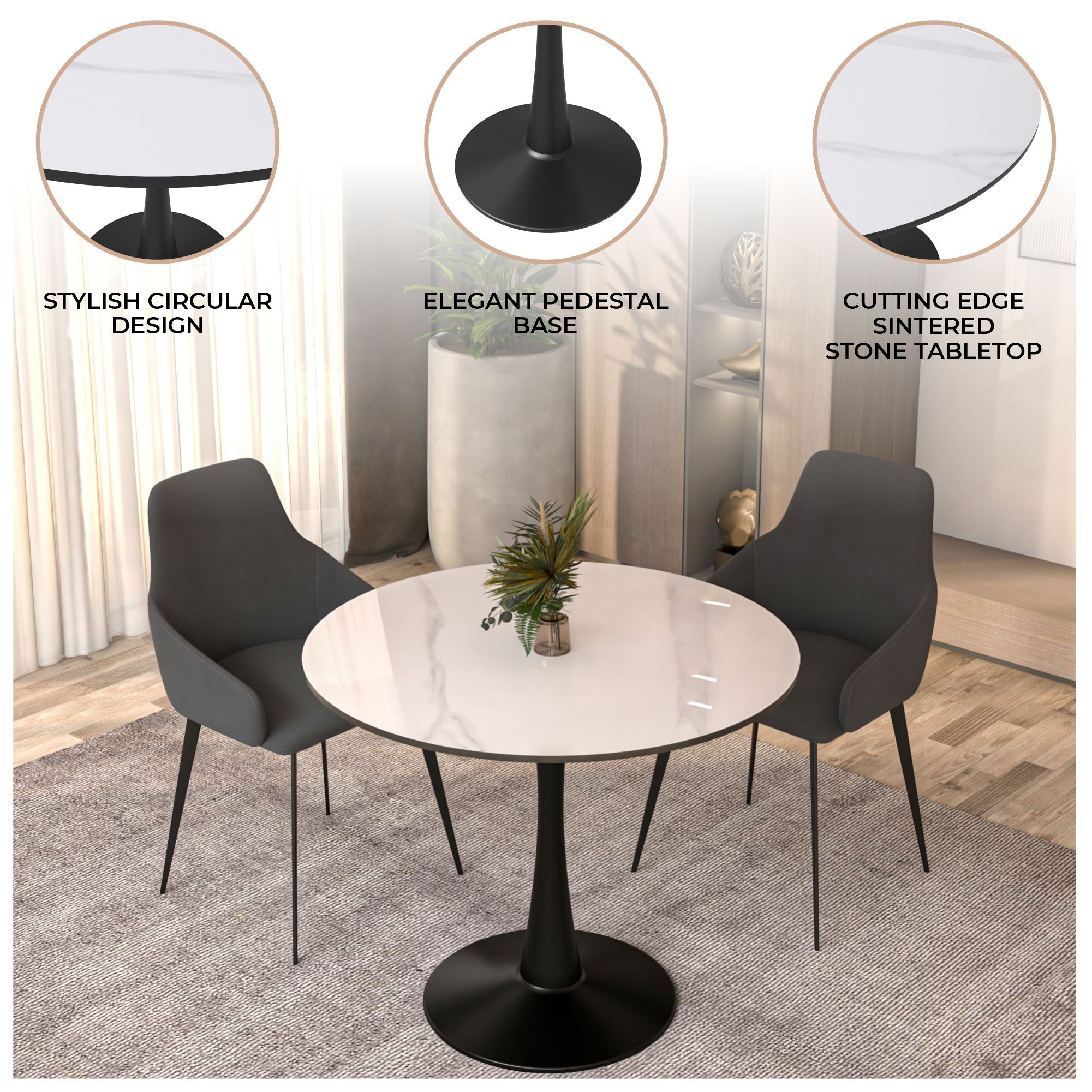 Bristol 31" Round Dining Table with Sintered Stone Tabletop in Black Steel