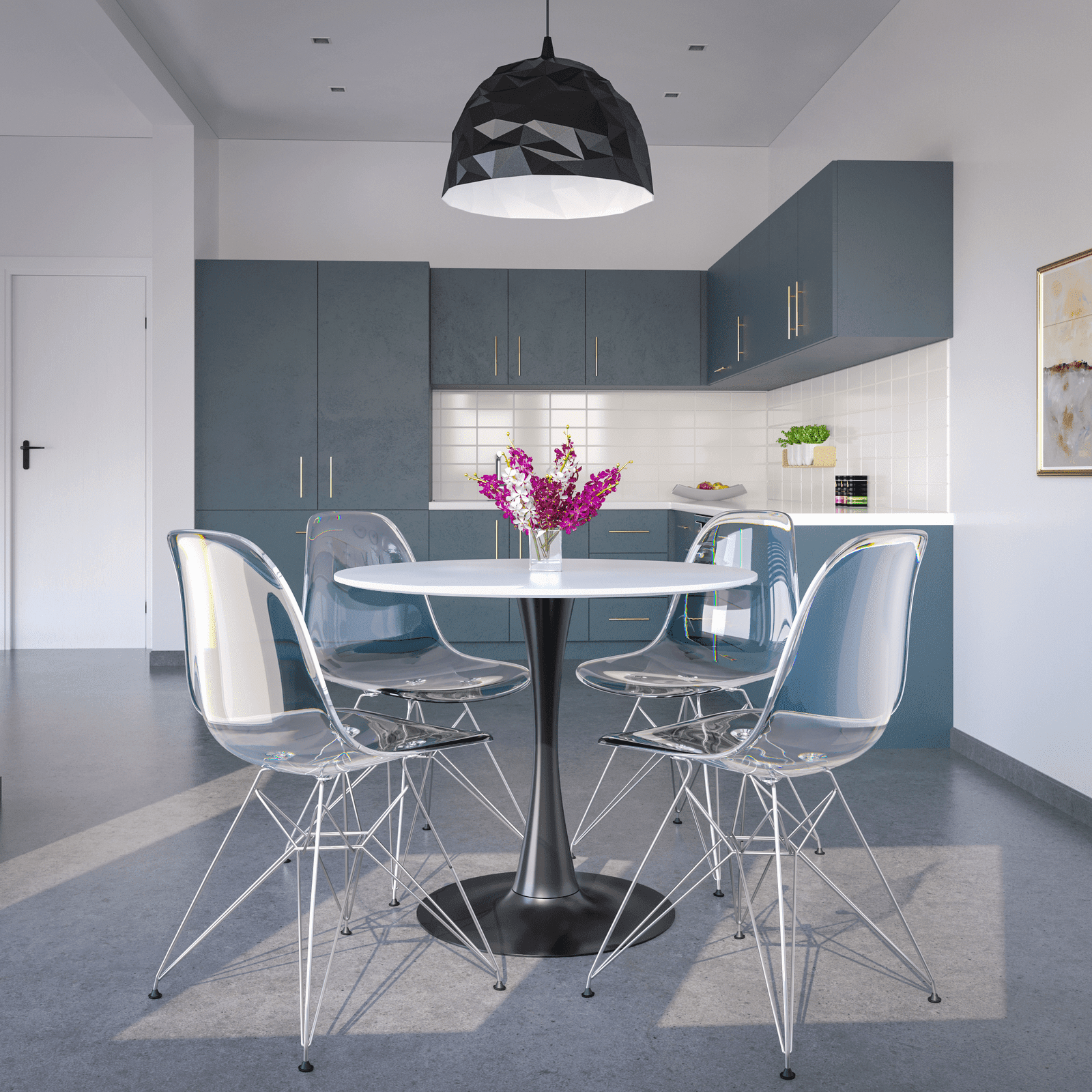 Bristol Modern Round Dining Table with Wood Top and Iron Pedestal Base