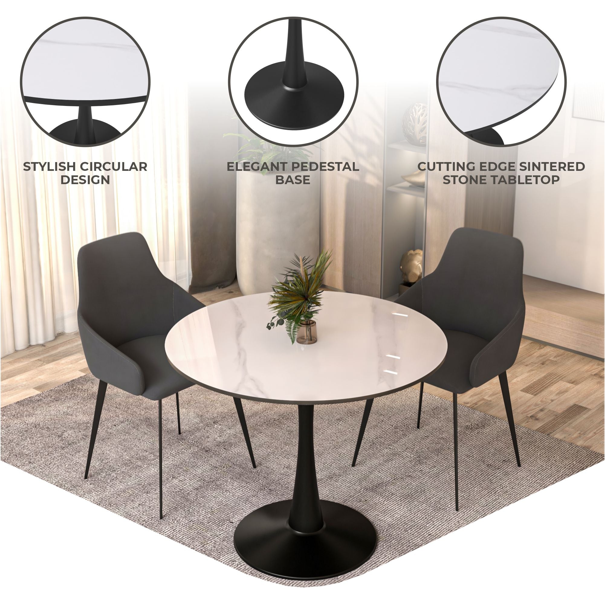 Bristol 35" Round Dining Table with Sintered Stone Tabletop in Black Steel