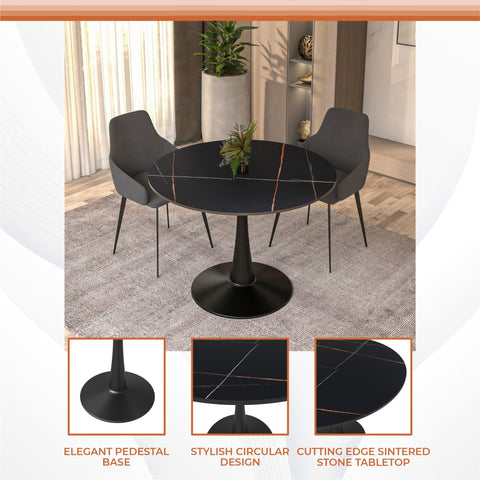 Bristol 40" Round Dining Table with Sintered Stone Tabletop in Black Steel