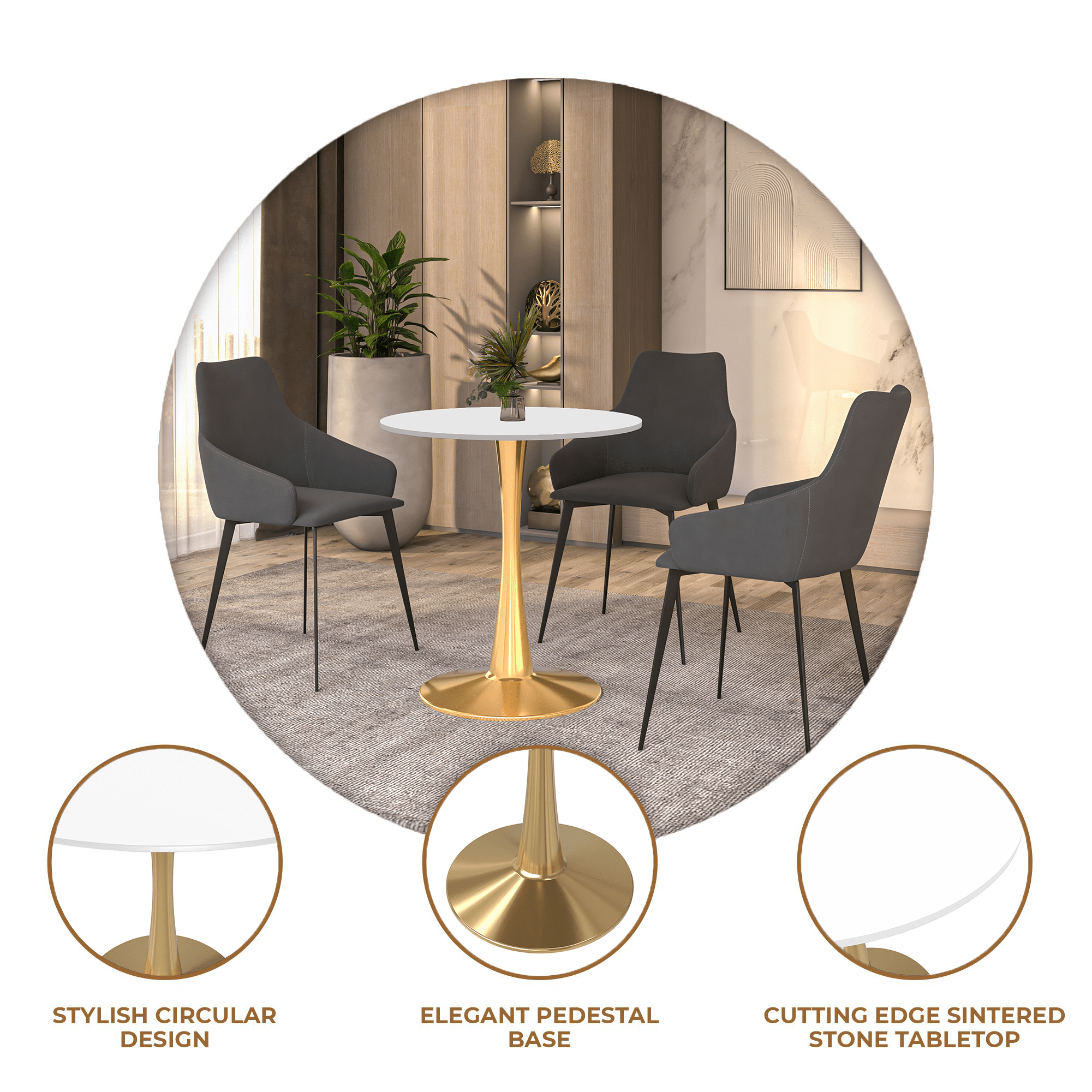 Bristol 27" Round Dining Table with MDF Wood Tabletop in Gold Steel