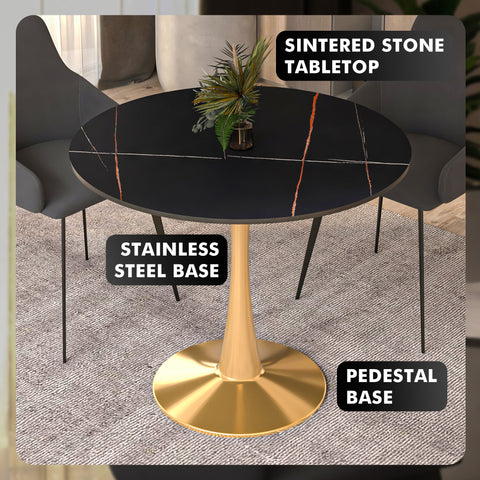 Bristol 31" Round Dining Table with Sintered Stone Tabletop in Gold Steel