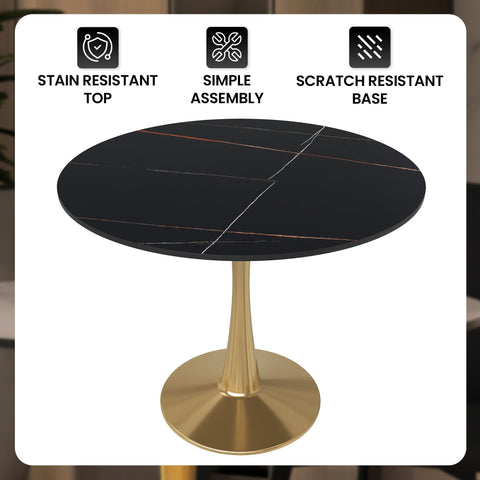 Bristol 31" Round Dining Table with Sintered Stone Tabletop in Gold Steel