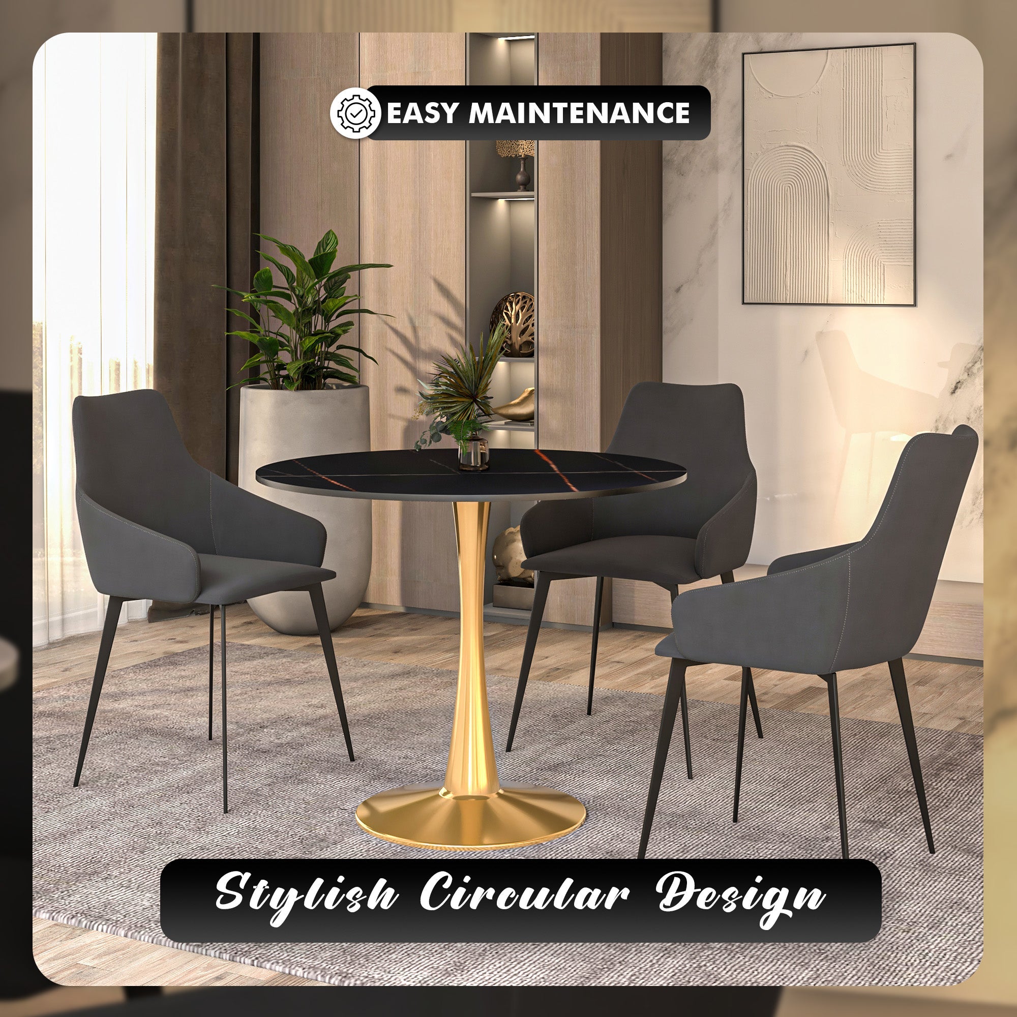 Bristol 31" Round Dining Table with Sintered Stone Tabletop in Gold Steel