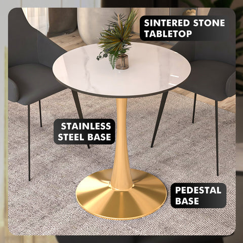 Bristol 31" Round Dining Table with Sintered Stone Tabletop in Gold Steel