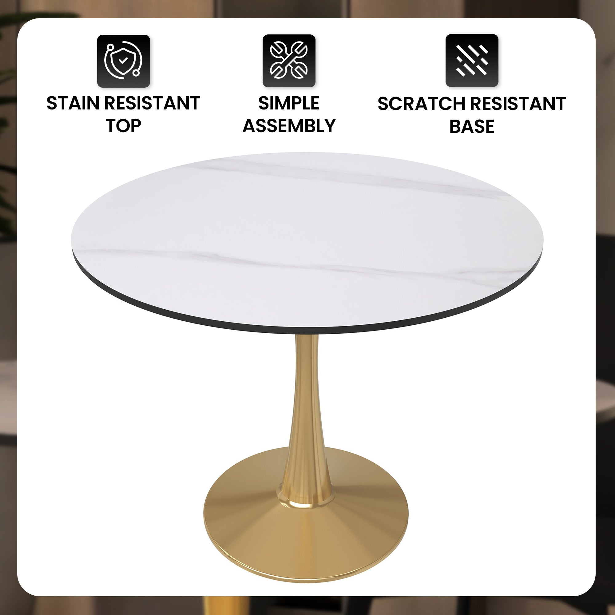 Bristol 31" Round Dining Table with Sintered Stone Tabletop in Gold Steel