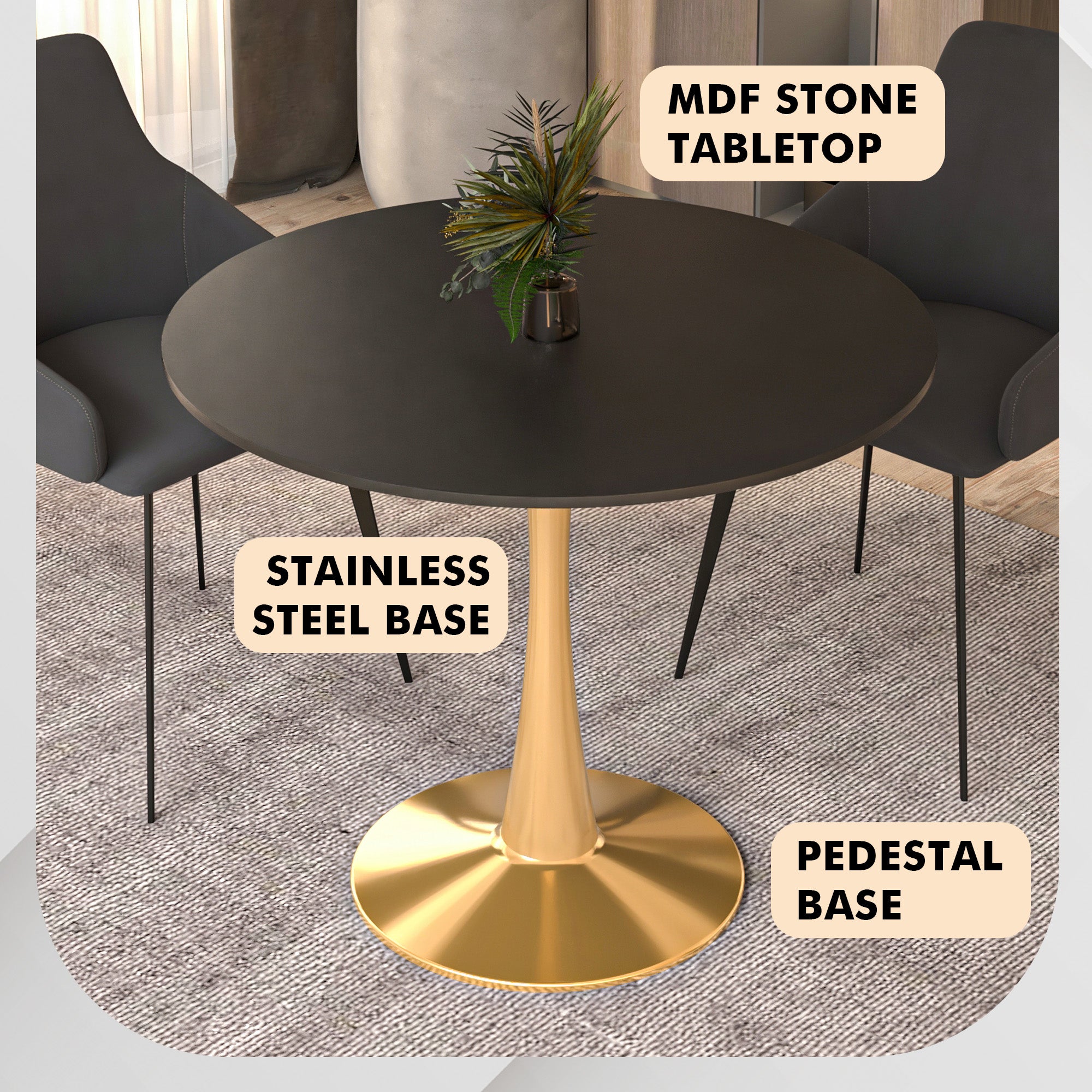 Bristol 35" Round Dining Table with MDF Wood Tabletop in Gold Steel