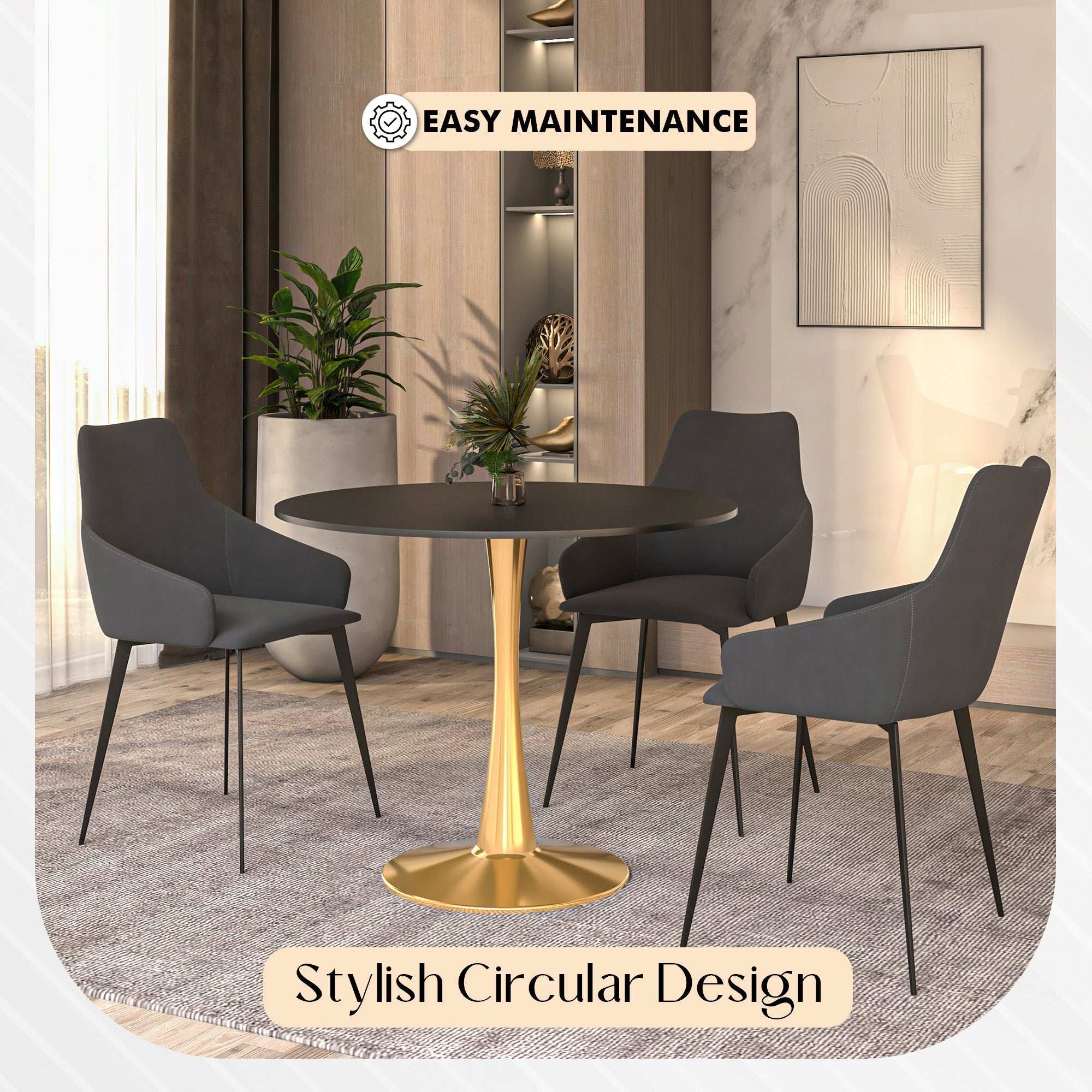 Bristol 35" Round Dining Table with MDF Wood Tabletop in Gold Steel