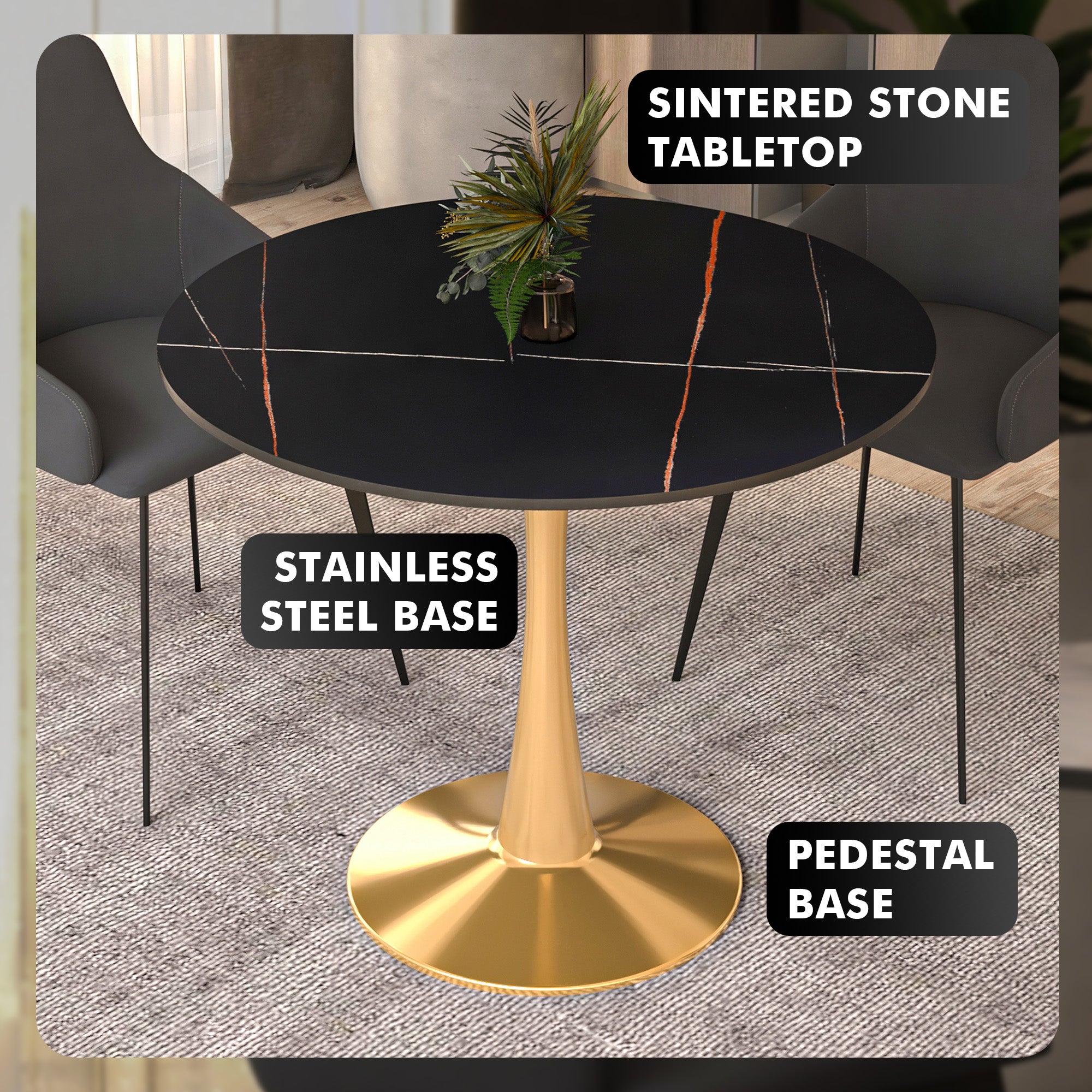 Bristol 35" Round Dining Table with Sintered Stone Tabletop in Gold Steel