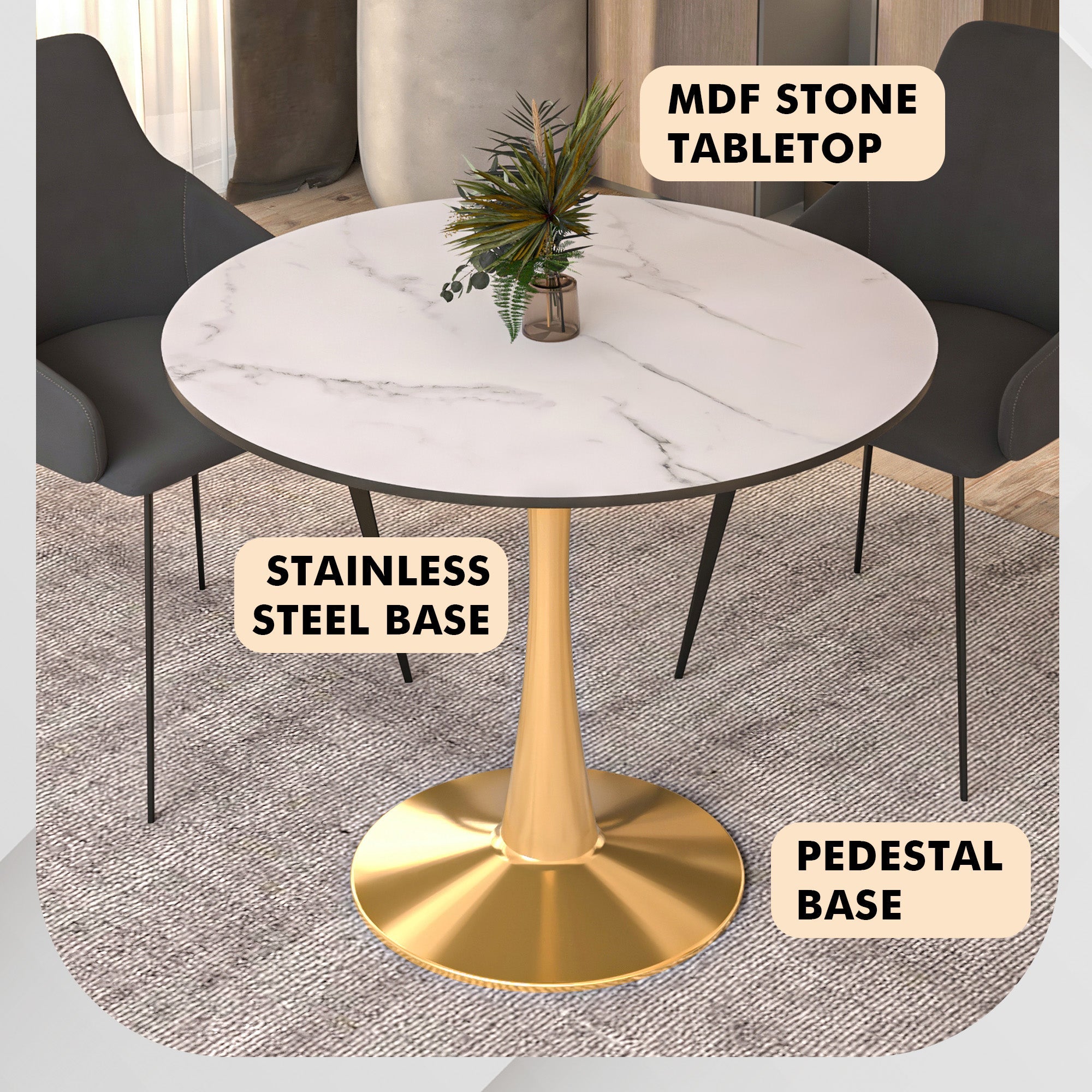 Bristol 35" Round Dining Table with MDF Wood Tabletop in Gold Steel