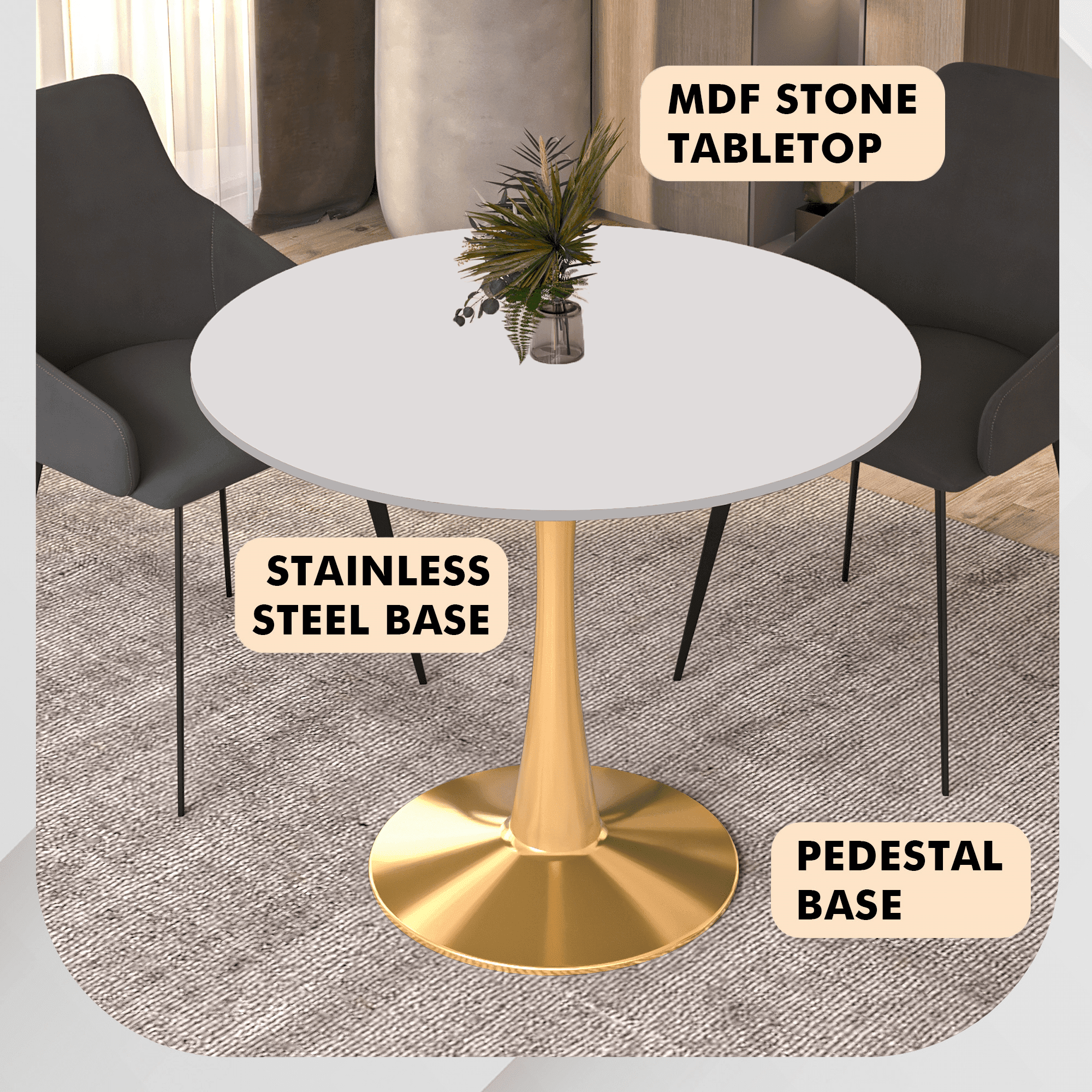 Bristol 35" Round Dining Table with MDF Wood Tabletop in Gold Steel