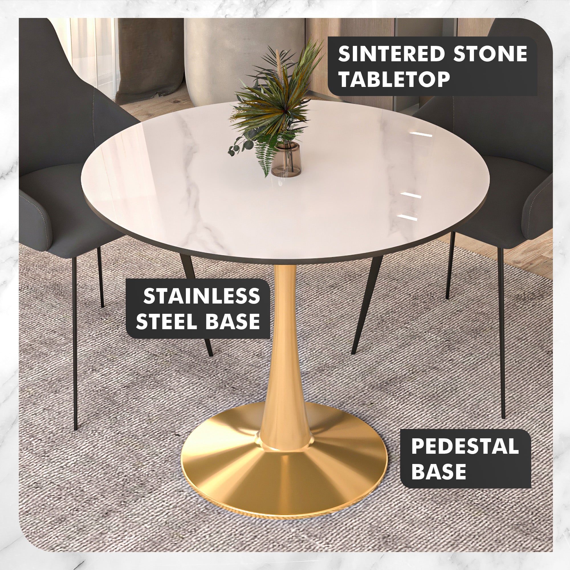 Bristol 35" Round Dining Table with Sintered Stone Tabletop in Gold Steel