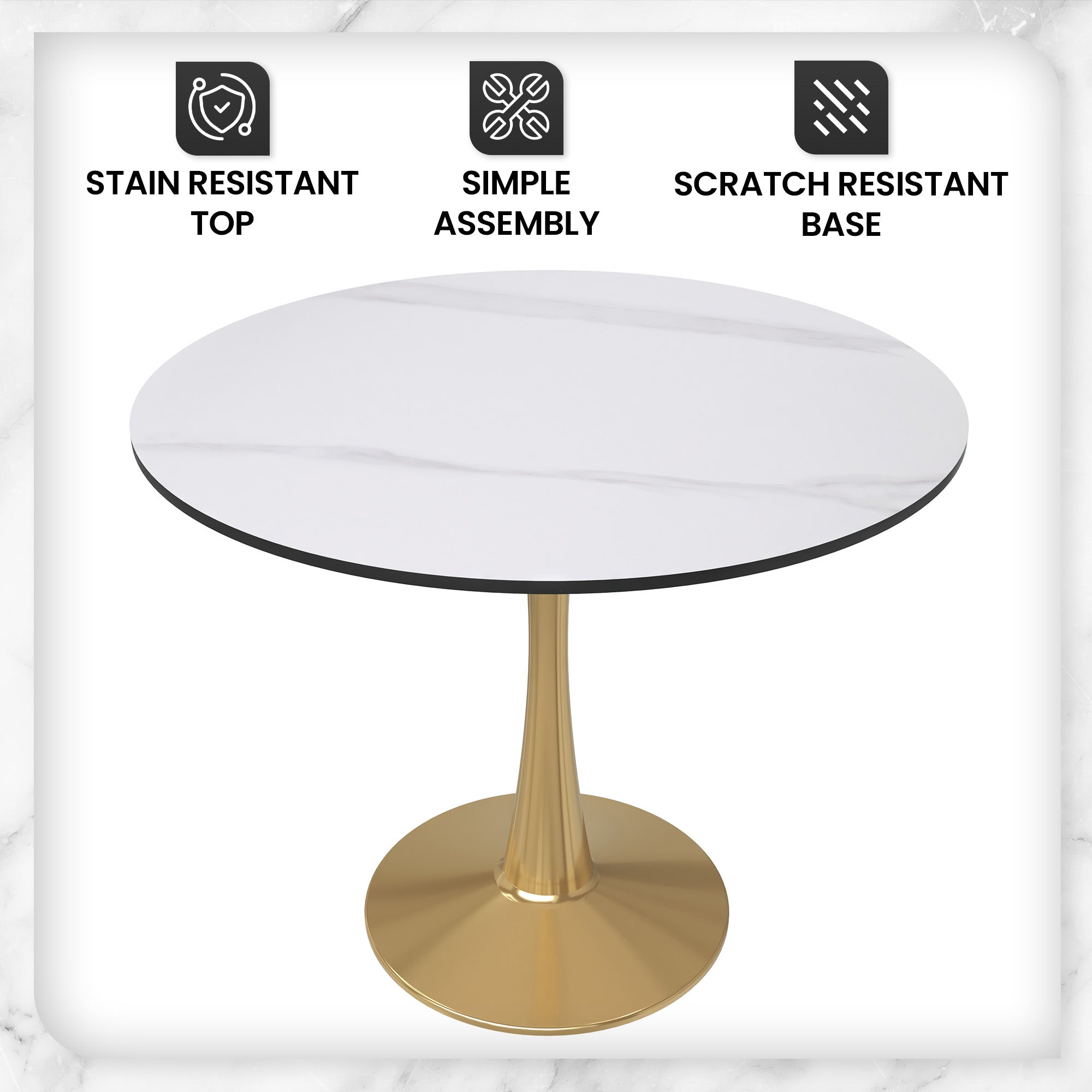 Bristol 35" Round Dining Table with Sintered Stone Tabletop in Gold Steel