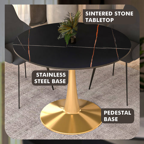 Bristol 40" Round Dining Table with Sintered Stone Tabletop in Gold Steel