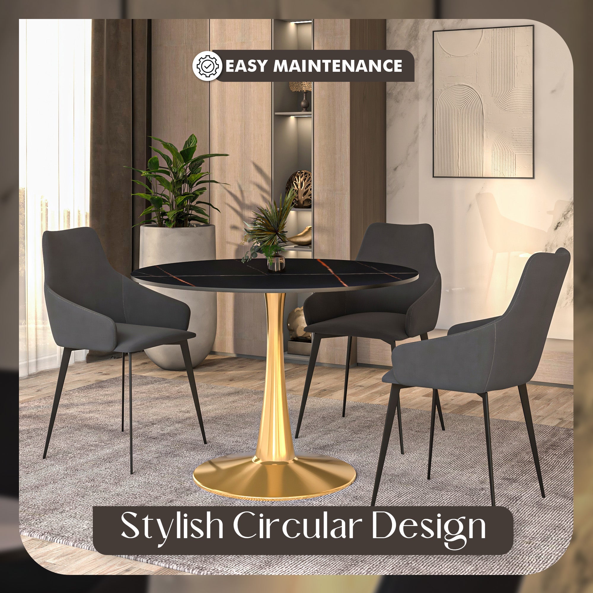 Bristol 40" Round Dining Table with Sintered Stone Tabletop in Gold Steel