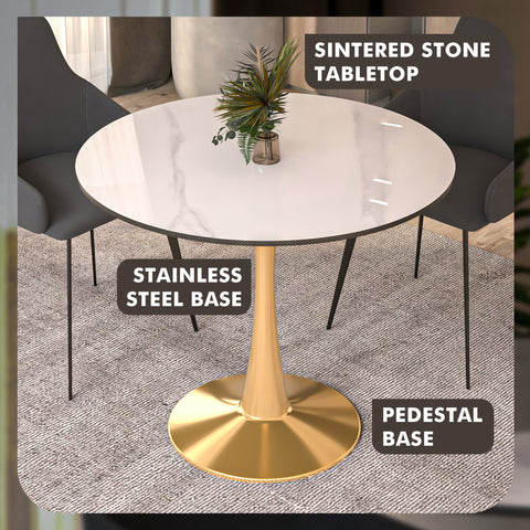 Bristol 40" Round Dining Table with Sintered Stone Tabletop in Gold Steel