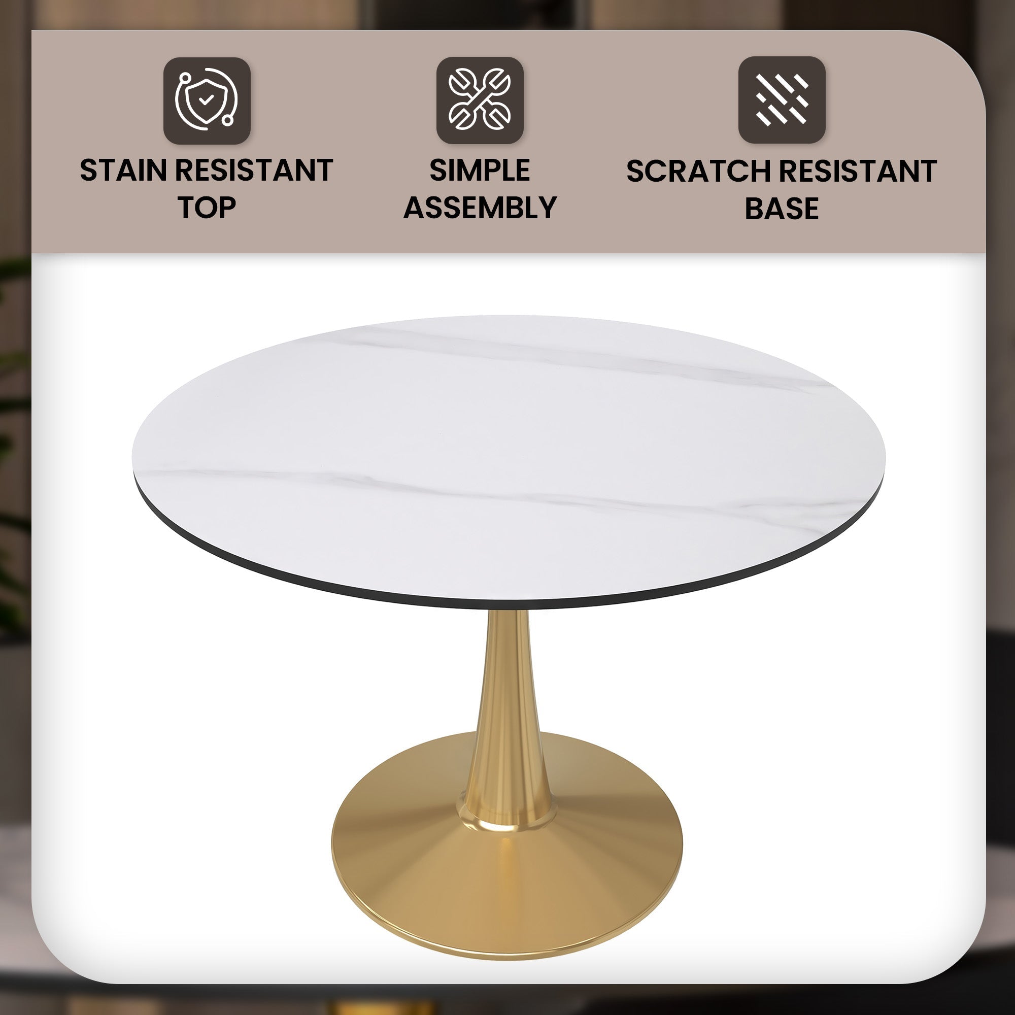 Bristol 40" Round Dining Table with Sintered Stone Tabletop in Gold Steel