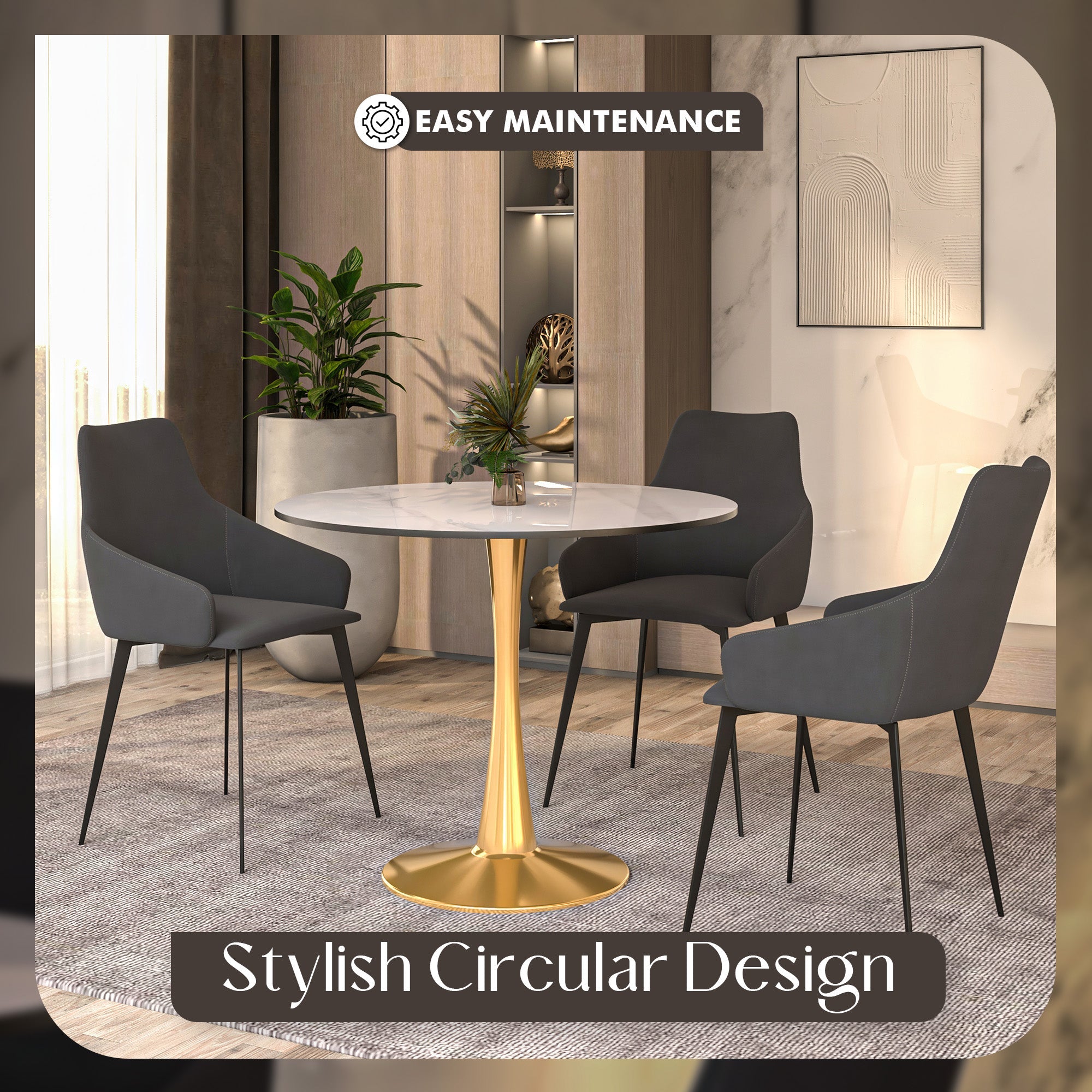 Bristol 40" Round Dining Table with Sintered Stone Tabletop in Gold Steel