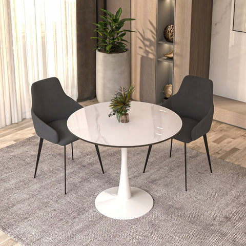 Bristol 31" Round Dining Table with Sintered Stone Tabletop in White Steel