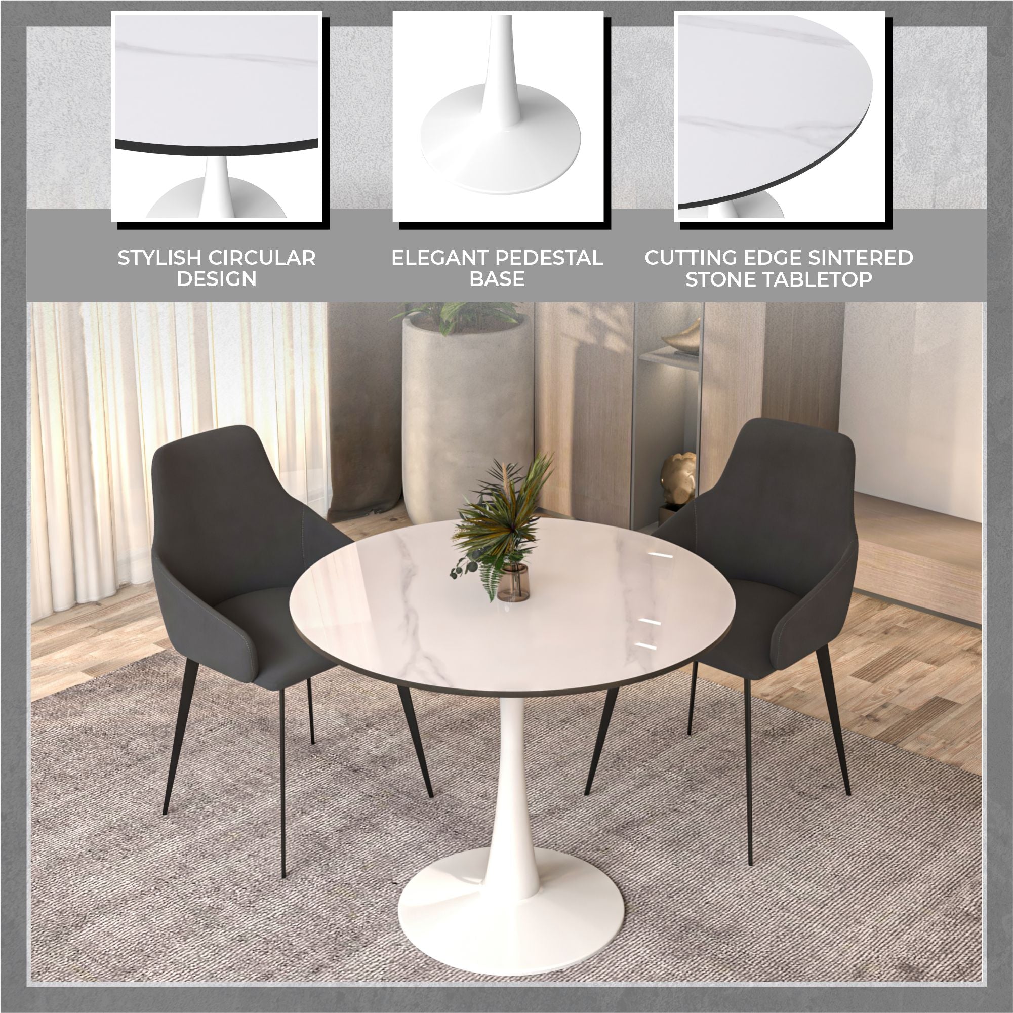 Bristol 31" Round Dining Table with Sintered Stone Tabletop in White Steel