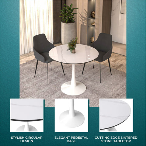 Bristol 35" Round Dining Table with Sintered Stone Tabletop in White Steel