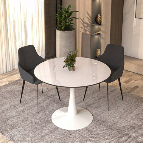 Bristol 40" Round Dining Table with Sintered Stone Tabletop in White Steel