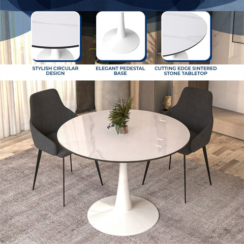 Bristol 40" Round Dining Table with Sintered Stone Tabletop in White Steel