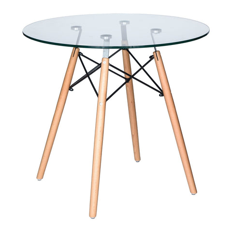 Dover Round Bistro Dining Table With Glass Tabletop and Beech Wood Eiffel Base