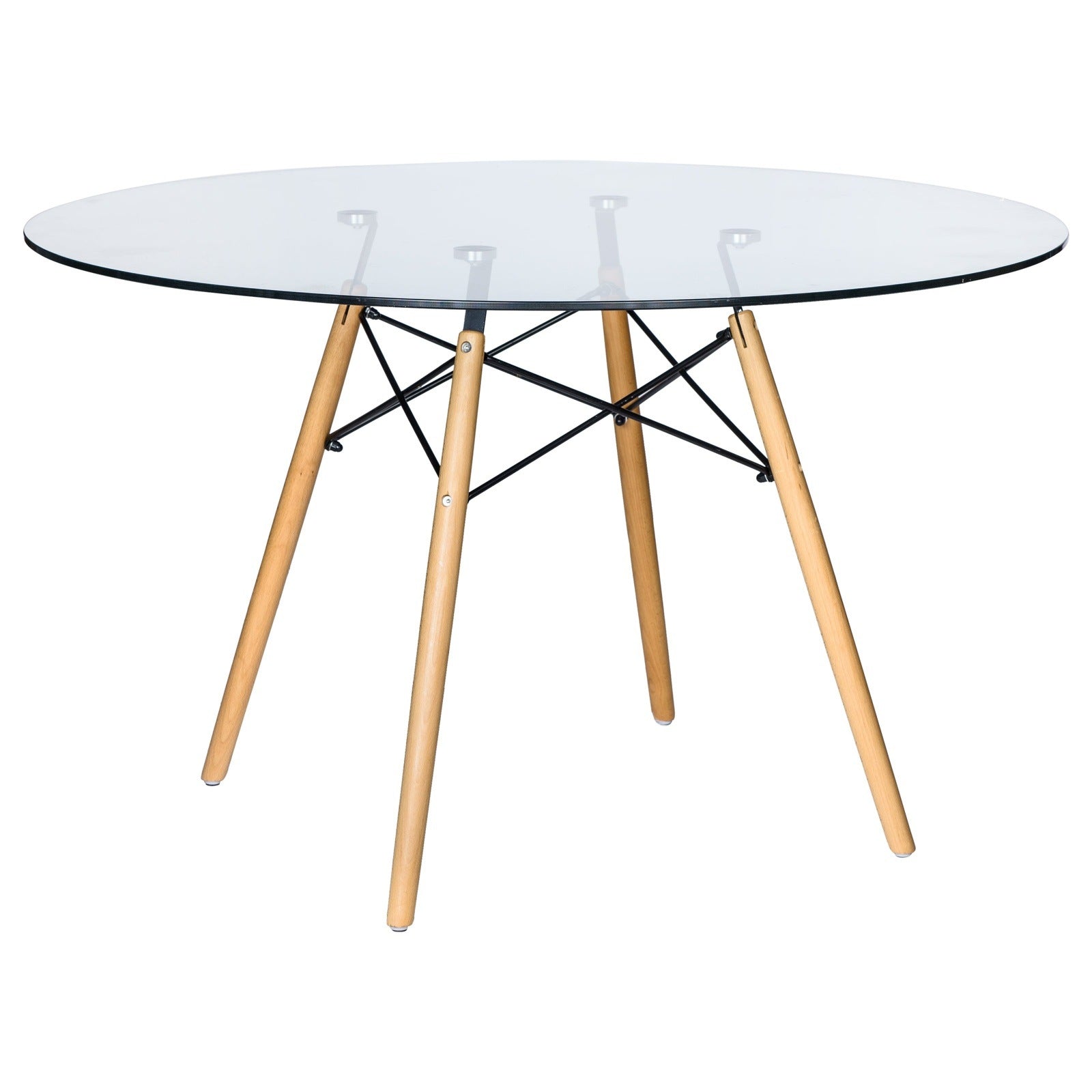 Dover Round Dining Table With Glass Tabletop and Natural Wood Eiffel Base